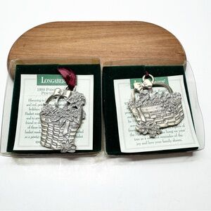 Vintage 90s Longaberger Pewter Mistletoe Poinsettia Ornaments